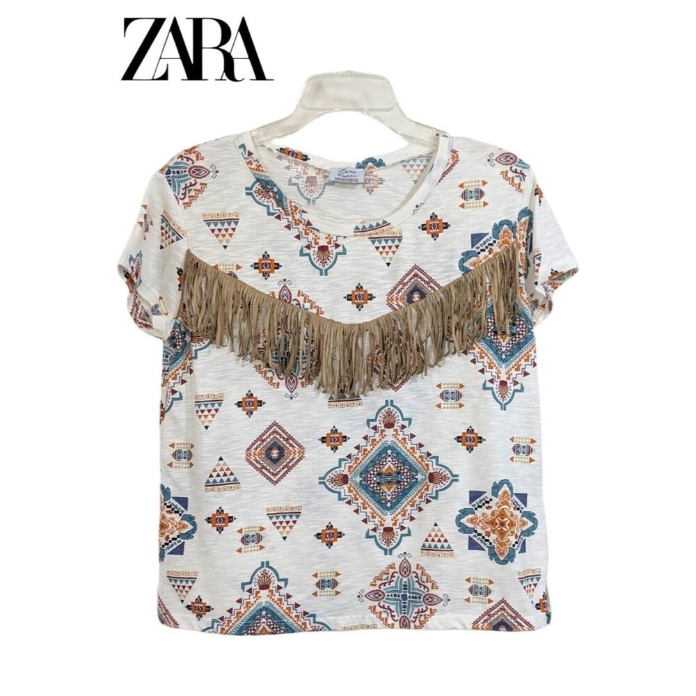 Zara Trafaluc Southwest Print Tee With Western Fringe - Size Medium Womens
